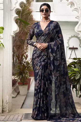 navy blue printed Lurex Viscose Brasso Saree