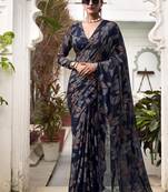 navy blue printed Lurex Viscose Brasso Saree