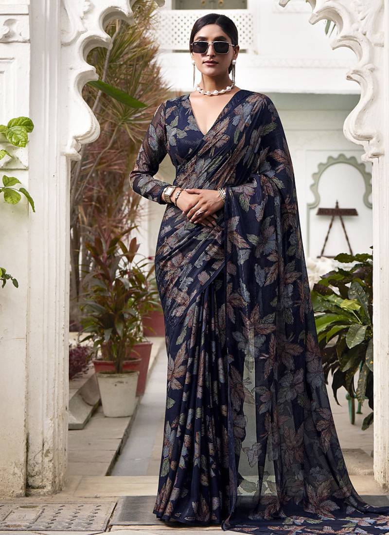 navy blue printed Lurex Viscose Brasso Saree