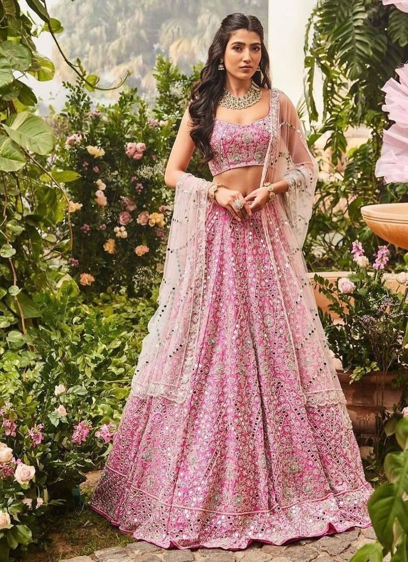 gajri pink sequins embroidered art silk semi stitched lehenga choli