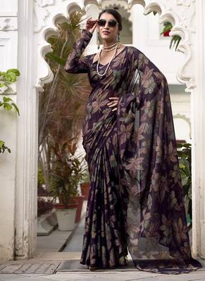 wine printed Lurex Viscose Brasso Saree 1