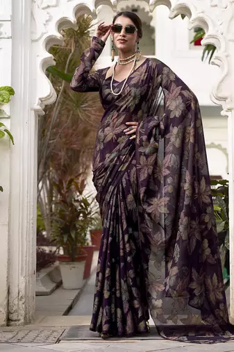 wine printed Lurex Viscose Brasso Saree