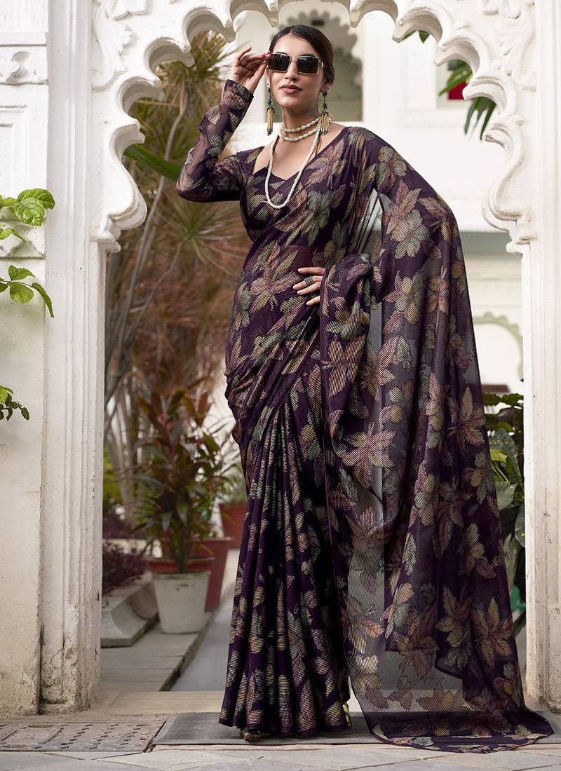wine printed Lurex Viscose Brasso Saree