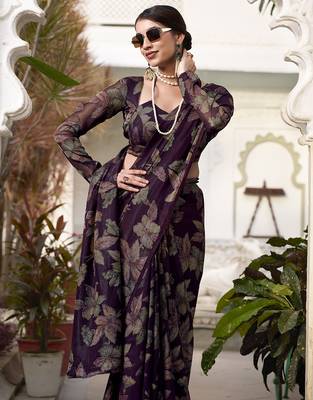 wine printed Lurex Viscose Brasso Saree 2