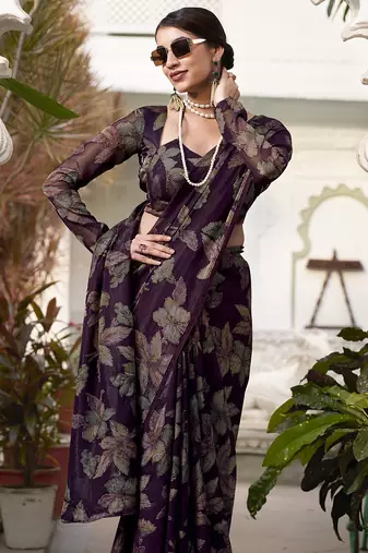 wine printed Lurex Viscose Brasso Saree