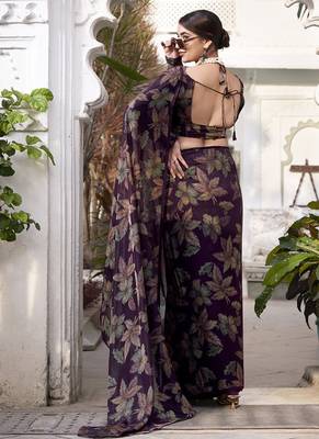 wine printed Lurex Viscose Brasso Saree 3