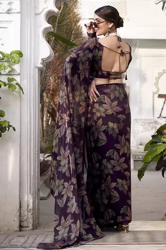 wine printed Lurex Viscose Brasso Saree