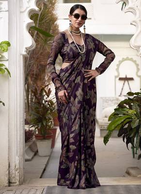 wine printed Lurex Viscose Brasso Saree 4