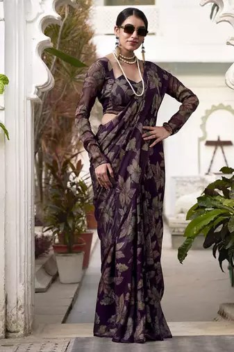 wine printed Lurex Viscose Brasso Saree