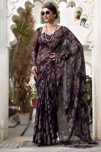 wine printed Lurex Viscose Brasso Saree