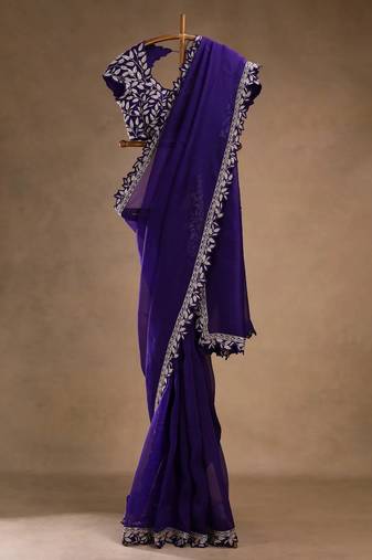 blue fandy satin embroidered saree with blouse