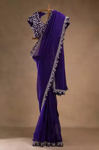 blue fandy satin embroidered saree with blouse