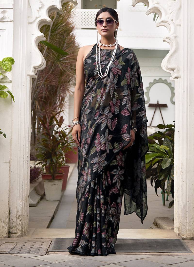 black printed Lurex Viscose Brasso Saree