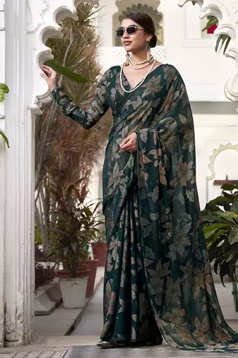 green printed Lurex Viscose Brasso Saree