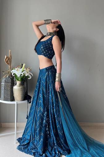 Blue faux georgette embroidered semi stitched lehenga choli with dupatta