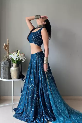 Blue faux georgette embroidered semi stitched lehenga choli with dupatta