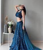 Blue faux georgette embroidered semi stitched lehenga choli with dupatta