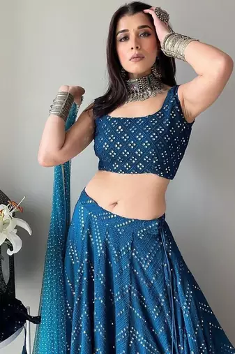 Blue faux georgette embroidered semi stitched lehenga choli with dupatta