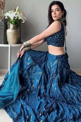 Blue faux georgette embroidered semi stitched lehenga choli with dupatta