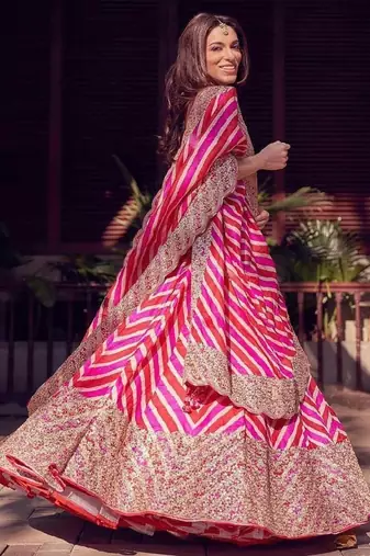 Multicolor thread embroidered georgette laheriya printed lehenga dress