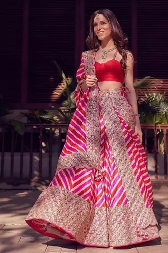 Multicolor thread embroidered georgette laheriya printed lehenga dress
