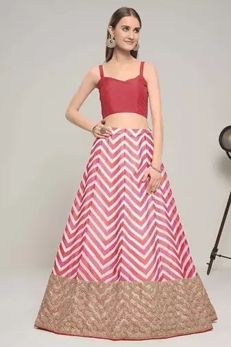 Multicolor thread embroidered georgette laheriya printed lehenga dress