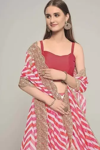 Multicolor thread embroidered georgette laheriya printed lehenga dress