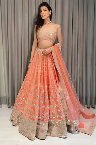 orange silk sequin embroidered lehenga choli