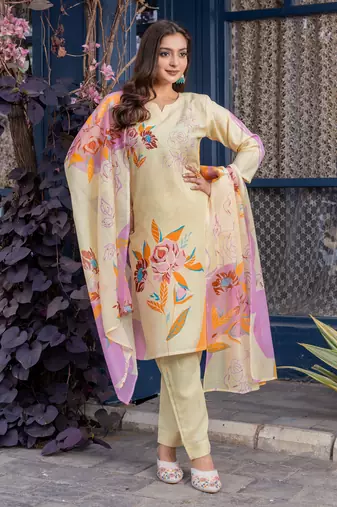  Women's Cotton Blend Floral Straight Printed Kurta Pant With Dupatta | kurta sets for woman