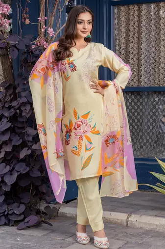  Women's Cotton Blend Floral Straight Printed Kurta Pant With Dupatta | kurta sets for woman