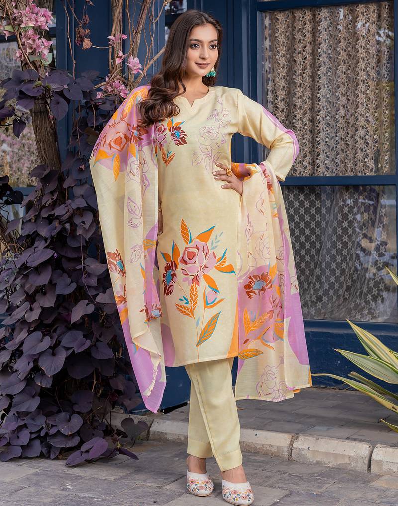  Women's Cotton Blend Floral Straight Printed Kurta Pant With Dupatta | kurta sets for woman