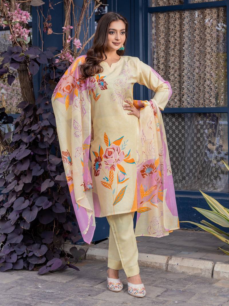  Women's Cotton Blend Floral Straight Printed Kurta Pant With Dupatta | kurta sets for woman