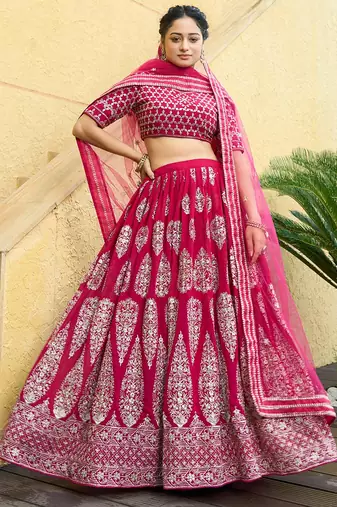 Cherry red zari and sequins embroidered faux georgette lehenga choli