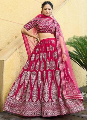 Cherry red zari and sequins embroidered faux georgette lehenga choli 1
