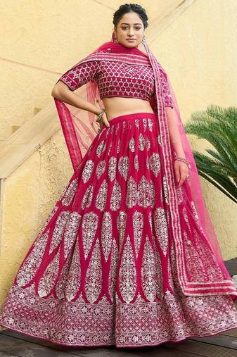 Cherry red zari and sequins embroidered faux georgette lehenga choli
