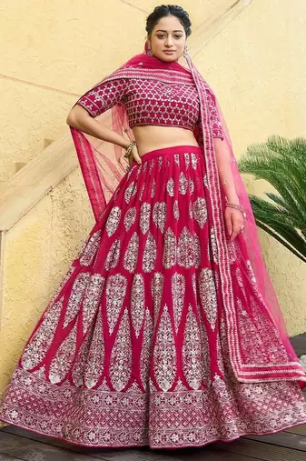 Cherry red zari and sequins embroidered faux georgette lehenga choli