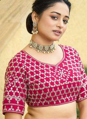 Cherry red zari and sequins embroidered faux georgette lehenga choli 2