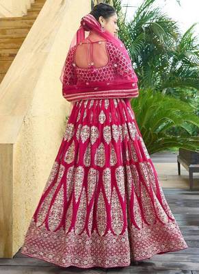 Cherry red zari and sequins embroidered faux georgette lehenga choli 3
