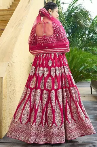 Cherry red zari and sequins embroidered faux georgette lehenga choli