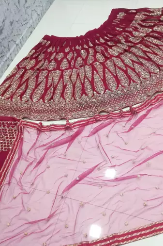 Cherry red zari and sequins embroidered faux georgette lehenga choli
