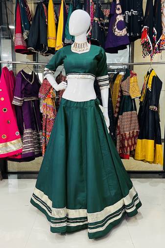 Traditional Roman Silk Green Gota 5-PUSHPA Lace Lehenga Choli for Garba Nights