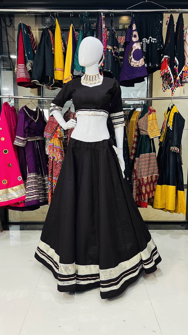 Traditional Roman Silk Black Gota Lace Lehenga Choli for Garba Nights