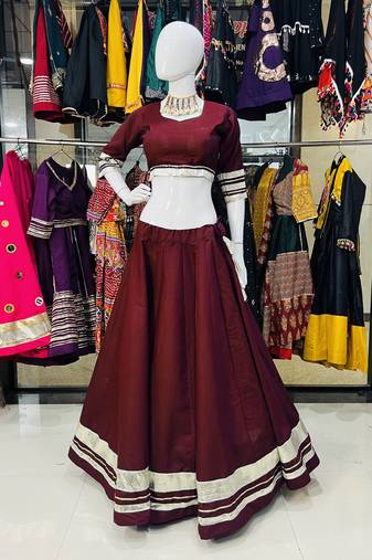 Traditional Roman Silk Maroon Gota Lace Lehenga Choli for Garba Nights