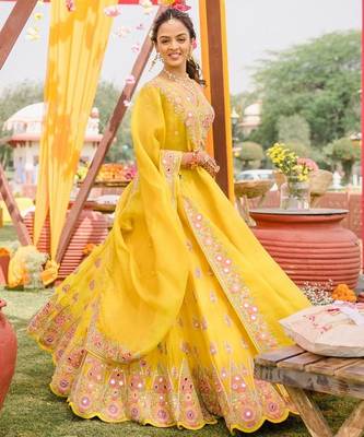 Yellow haldi mirror work lehenga set for women 1