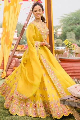 Yellow haldi mirror work lehenga set for women