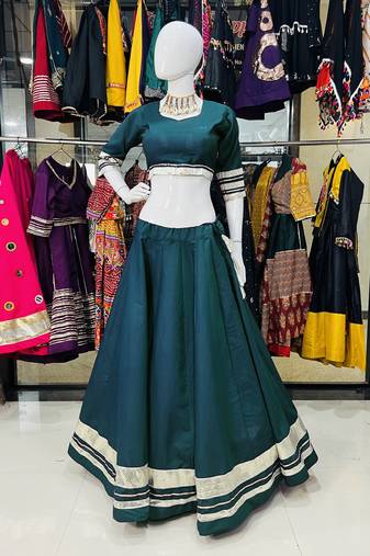 Traditional Roman Silk Teal Gota Lace Lehenga Choli for Garba Nights