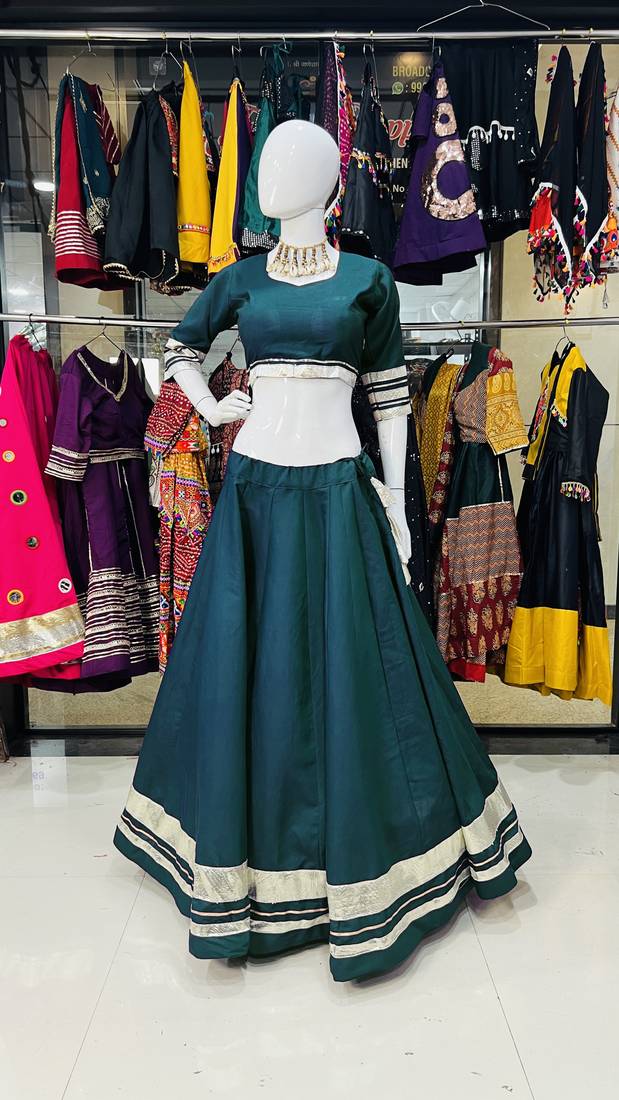 Traditional Roman Silk Teal Gota Lace Lehenga Choli for Garba Nights