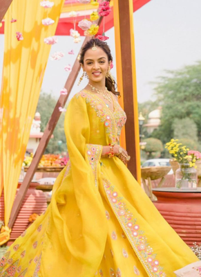 Yellow haldi mirror work lehenga set for women 2