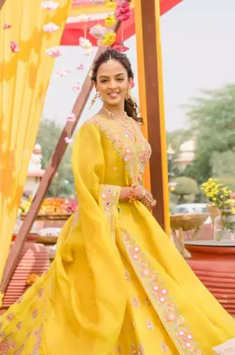 Yellow haldi mirror work lehenga set for women