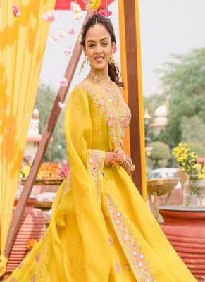Yellow haldi mirror work lehenga set for women 5